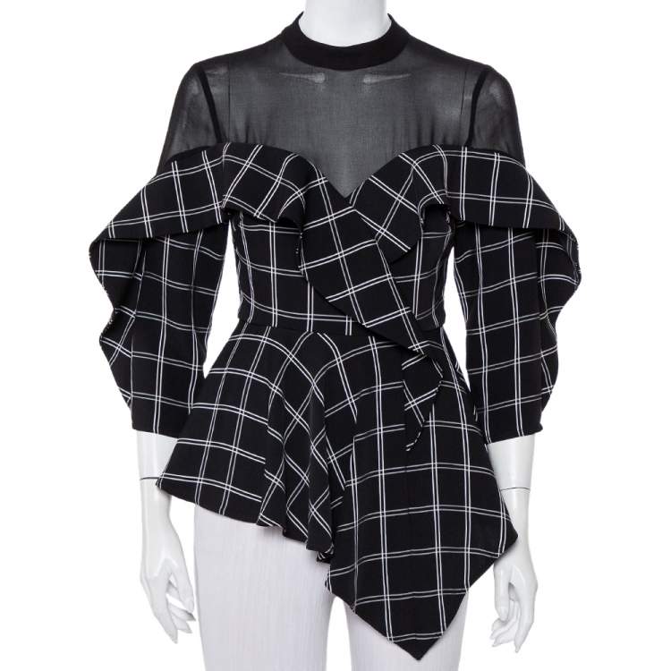 Pre Owned Self Portrait Black Checkered Crepe & Chiffon Ruffled Asymmetric Hem Top S