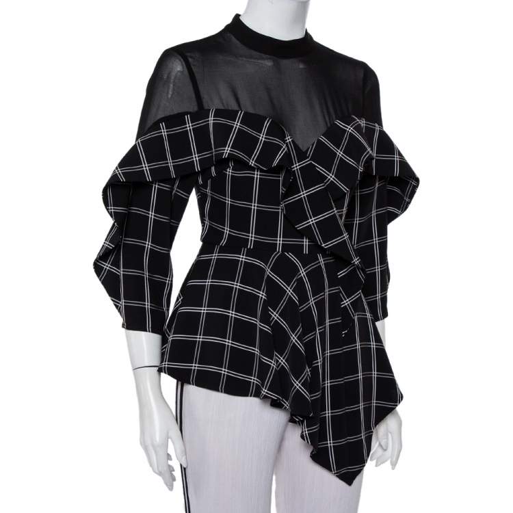 Pre Owned Self Portrait Black Checkered Crepe & Chiffon Ruffled Asymmetric Hem Top S