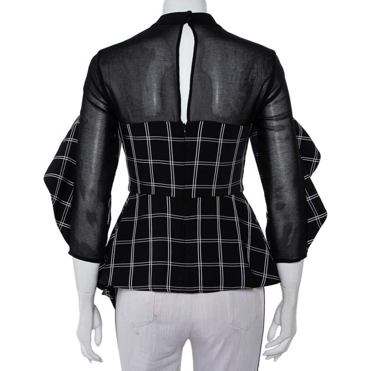 Pre Owned Self Portrait Black Checkered Crepe & Chiffon Ruffled Asymmetric Hem Top S