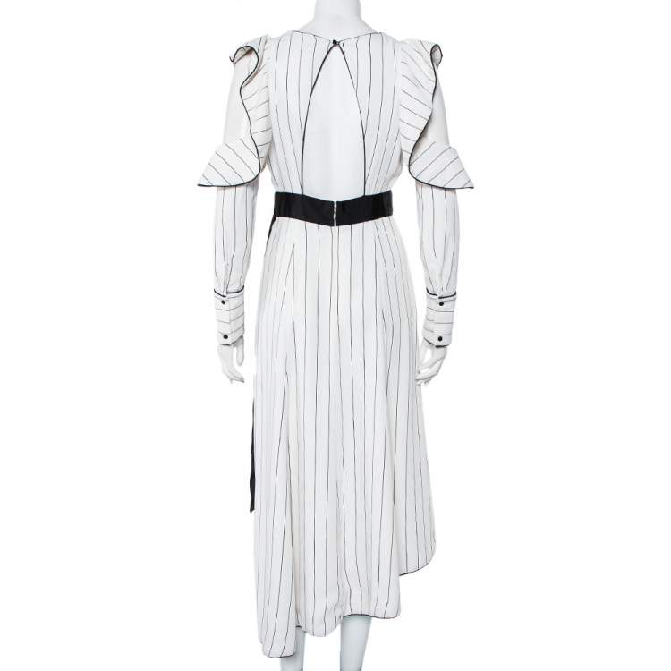 Pre Owned Self Portrait White Striped Crepe Ruffled belted Midi Dress S