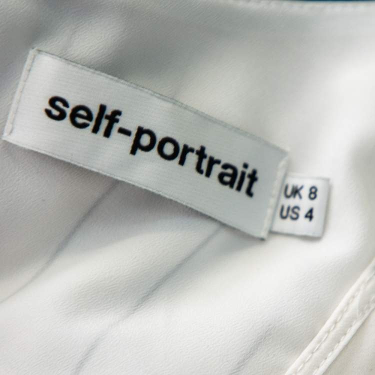 Pre Owned Self Portrait White Striped Crepe Ruffled belted Midi Dress S