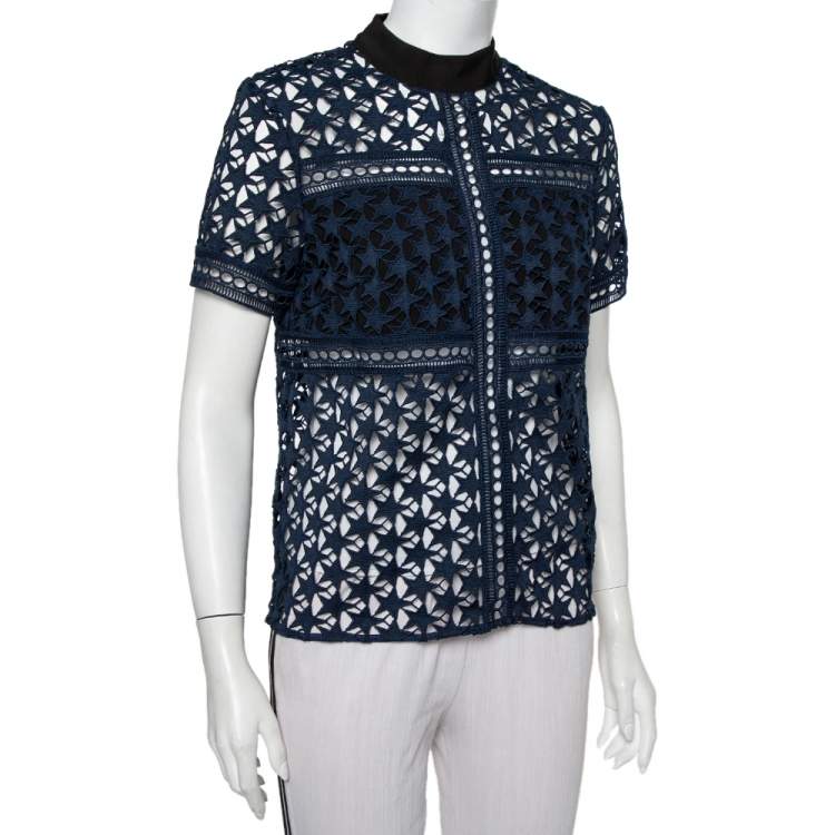 Pre Owned Self-Portrait Navy Blue Star Pattern Guipure Lace Sheer Top M