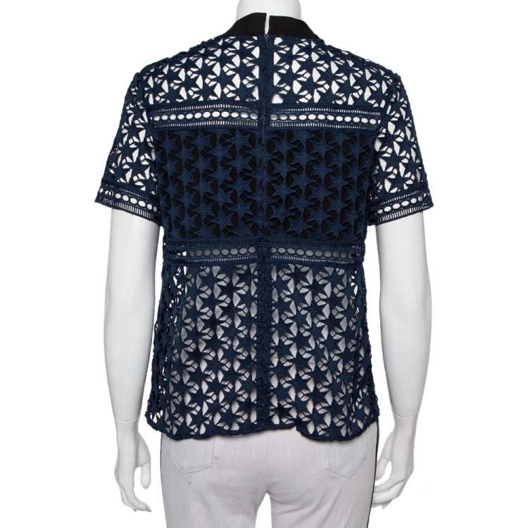 Pre Owned Self-Portrait Navy Blue Star Pattern Guipure Lace Sheer Top M