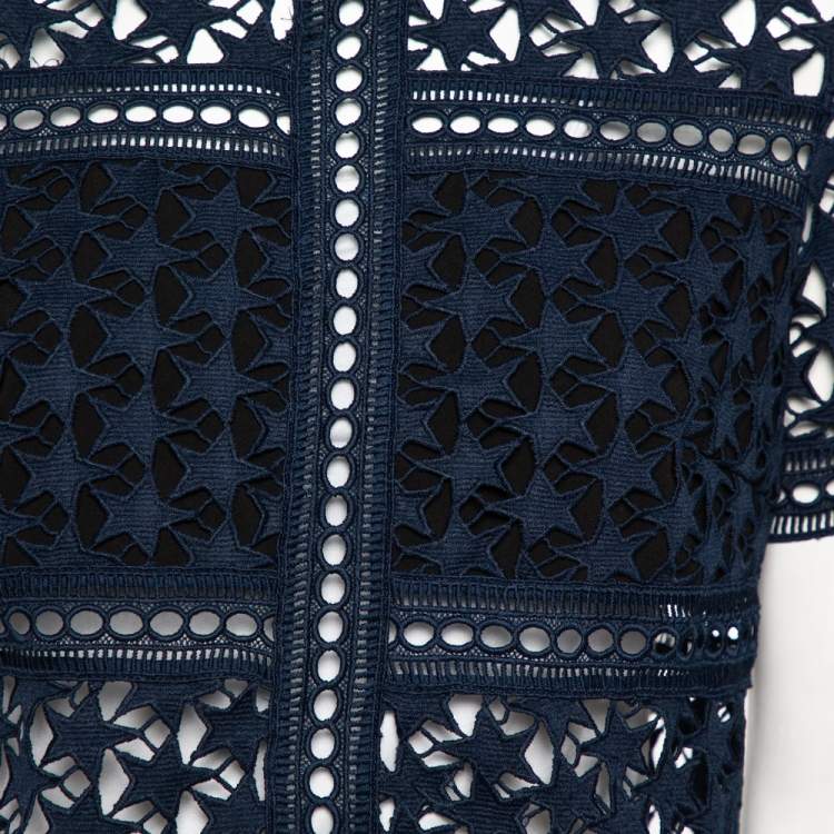 Pre Owned Self-Portrait Navy Blue Star Pattern Guipure Lace Sheer Top M