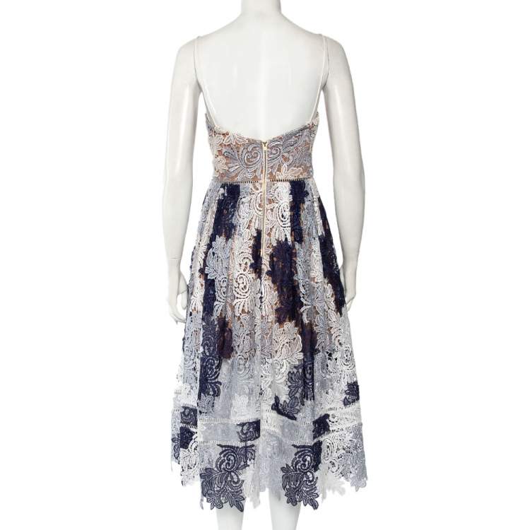 Pre Owned Self Portrait Navy Blue & White Lace Sleeveless Camellias Midi Dress M