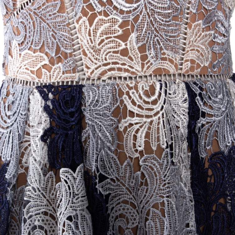 Pre Owned Self Portrait Navy Blue & White Lace Sleeveless Camellias Midi Dress M