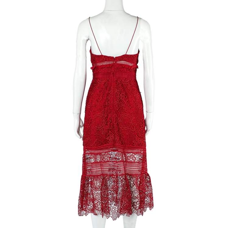Pre Owned Self Portrait Red Floral Lace Sleeveless Midi Dress S