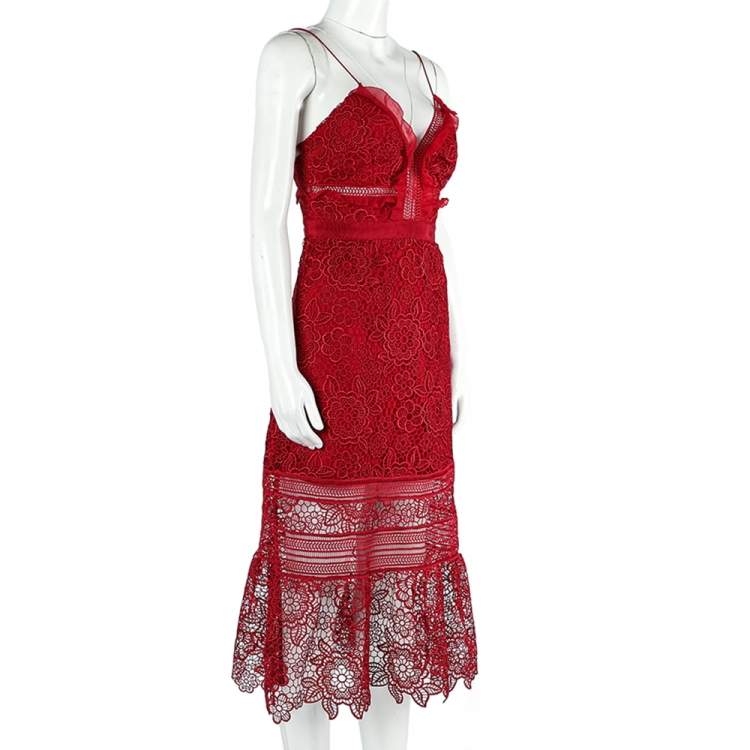 Pre Owned Self Portrait Red Floral Lace Sleeveless Midi Dress S