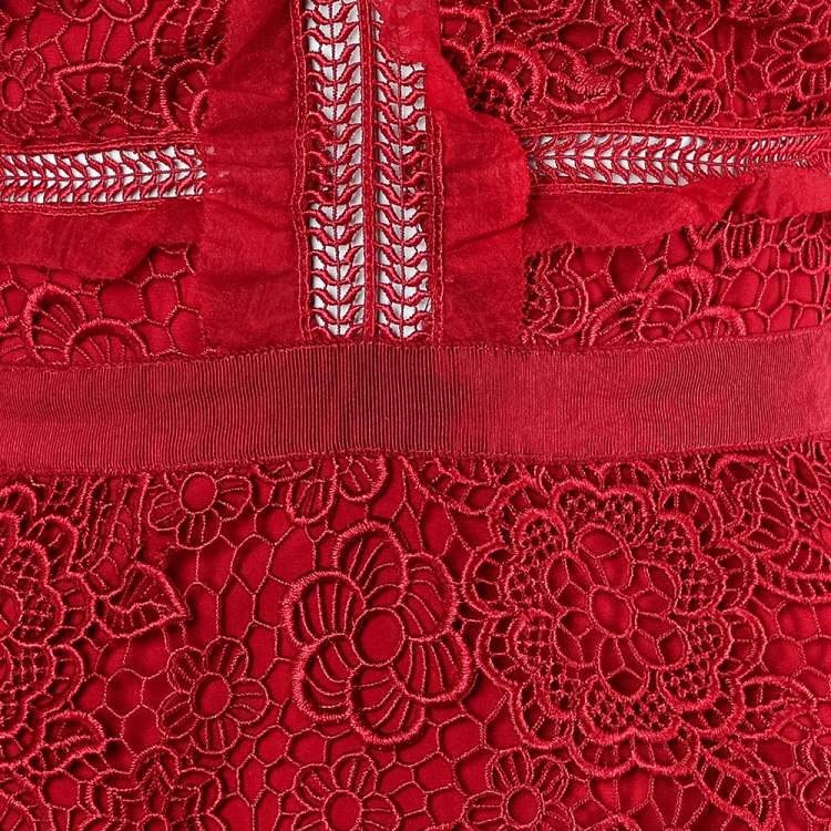 Pre Owned Self Portrait Red Floral Lace Sleeveless Midi Dress S