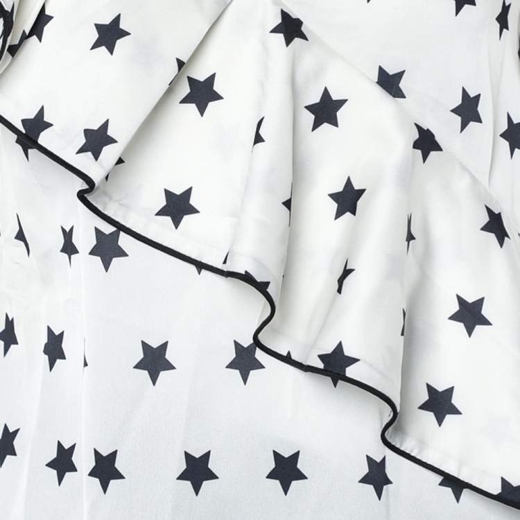 Pre Owned Self Portrait White Star printed Satin Ruffled Plunging Neck Top S