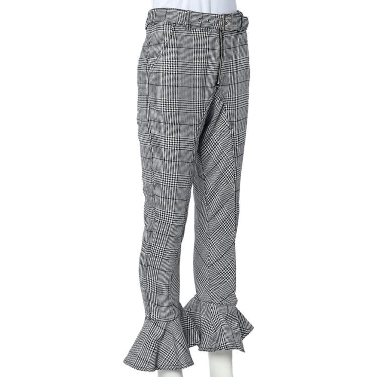 Pre Owned Self Portrait Monochrome Checkered Ruffled Hem Belted Cropped Pants S
