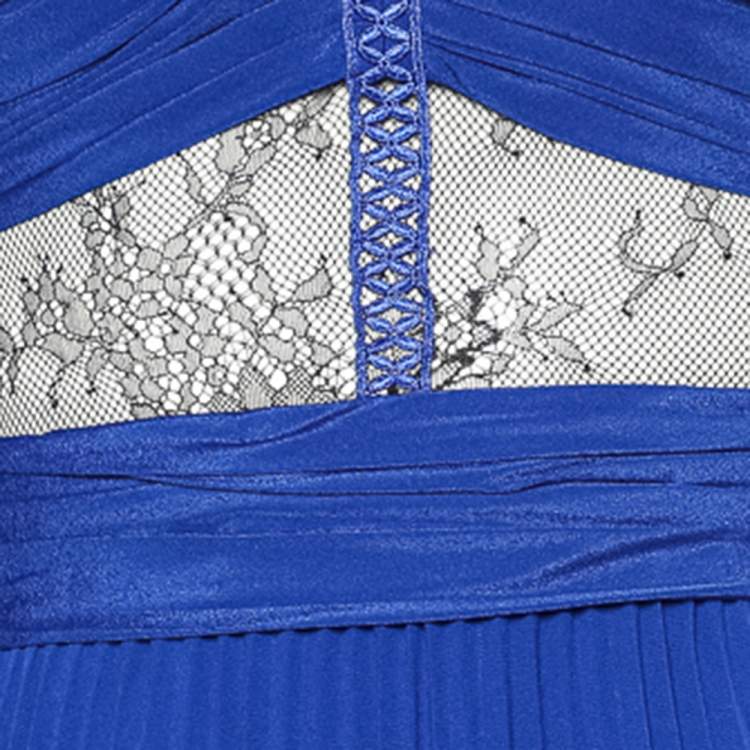 Pre Owned Self Portrait Blue Pleated Chiffon & Contrast Lace Paneled Midi Dress S