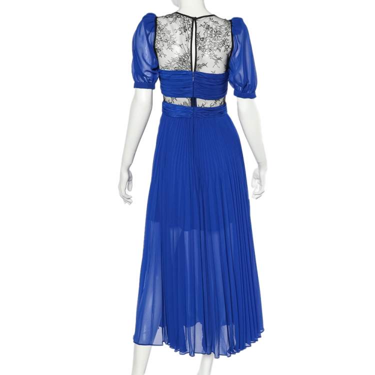 Pre Owned Self Portrait Blue Pleated Chiffon & Contrast Lace Paneled Midi Dress S