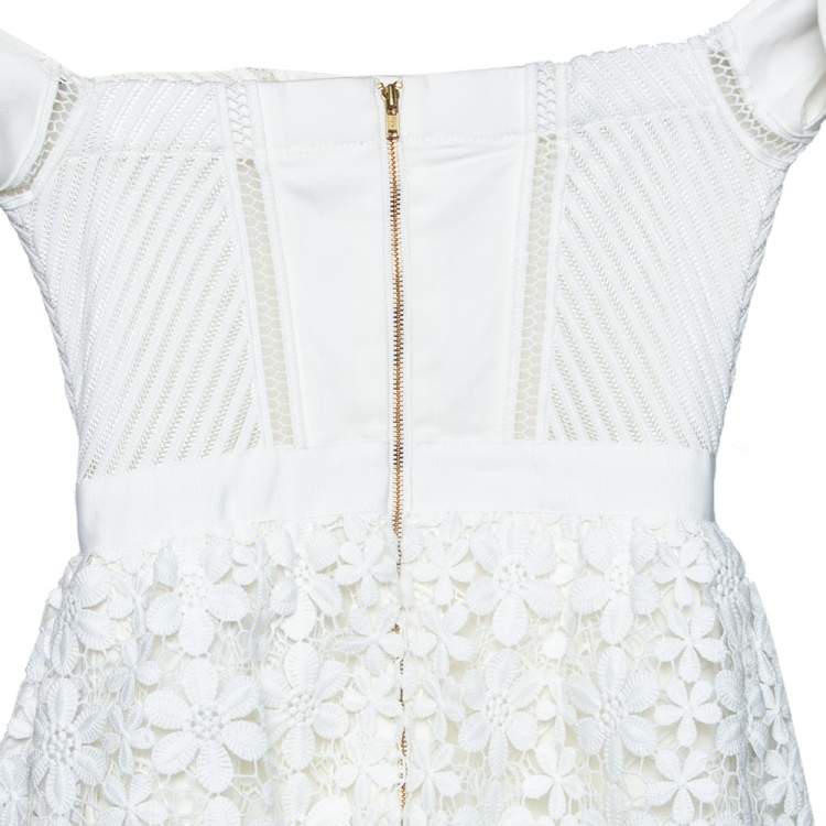 Pre Owned Self Portrait White Guipure Lace Tiered Off Shoulder Mini Dress S