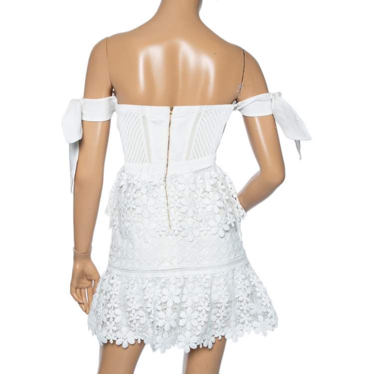 Pre Owned Self Portrait White Guipure Lace Tiered Off Shoulder Mini Dress S