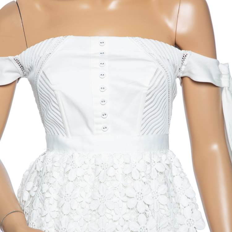 Pre Owned Self Portrait White Guipure Lace Tiered Off Shoulder Mini Dress S
