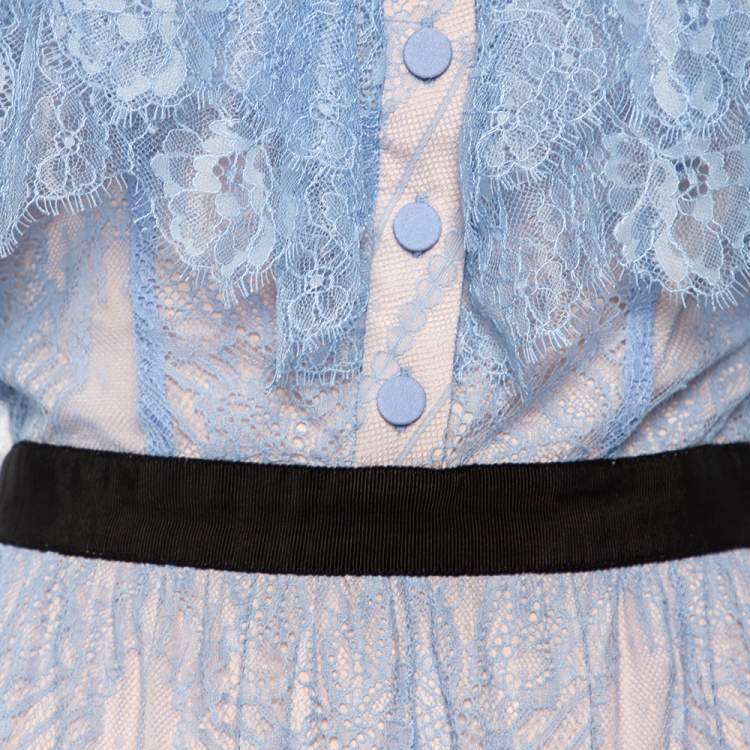 Pre Owned Self-Portrait Blue Lace Off Shoulder Tiered Maxi Dress M