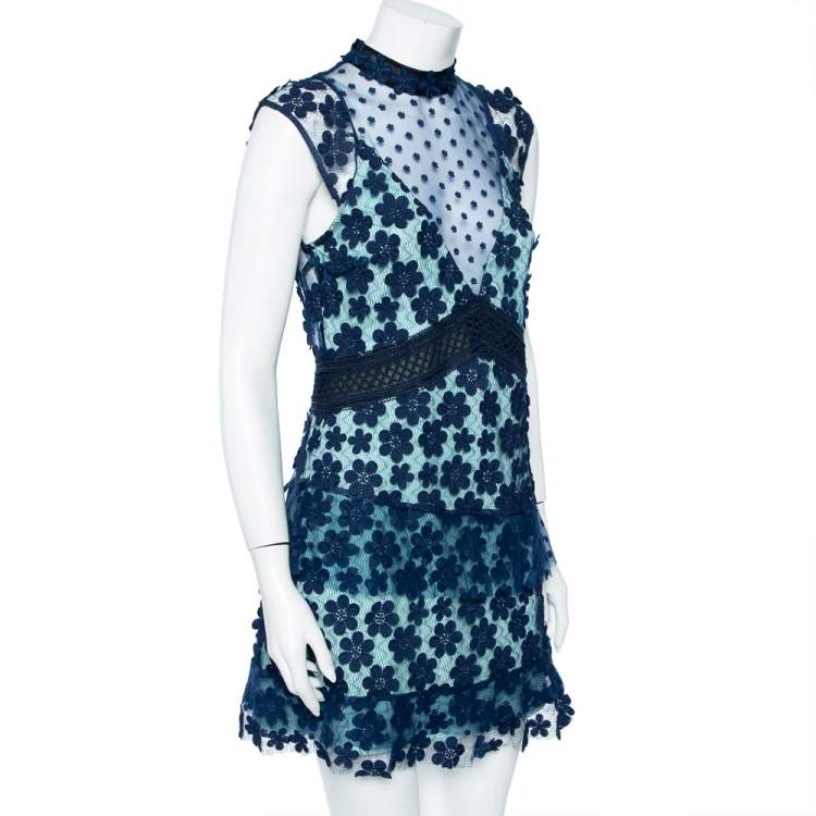 مملوكة مسبقًا Self-Portrait Navy Blue Floral Applique Mesh & Lace Overlay Detail Mini Dress M