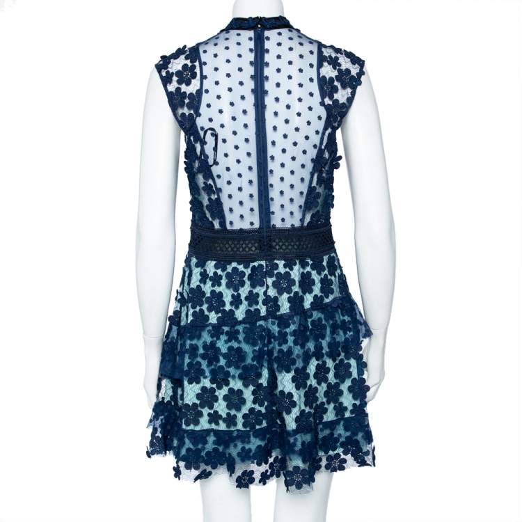 مملوكة مسبقًا Self-Portrait Navy Blue Floral Applique Mesh & Lace Overlay Detail Mini Dress M
