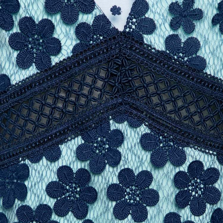 مملوكة مسبقًا Self-Portrait Navy Blue Floral Applique Mesh & Lace Overlay Detail Mini Dress M
