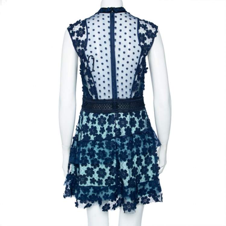 مملوكة مسبقًا Self-Portrait Navy Blue Floral Applique Mesh & Lace Overlay Detail Mini Dress M