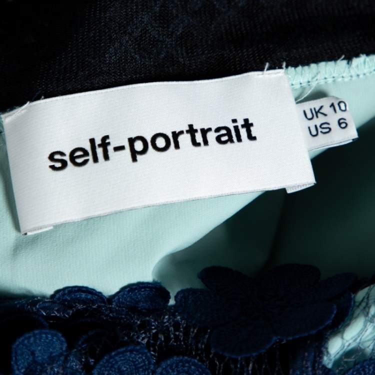 مملوكة مسبقًا Self-Portrait Navy Blue Floral Applique Mesh & Lace Overlay Detail Mini Dress M
