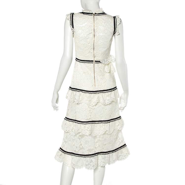مملوكة مسبقًا Self Portrait White Lace Contrast Trim Sleeveless Tiered Midi Dress M