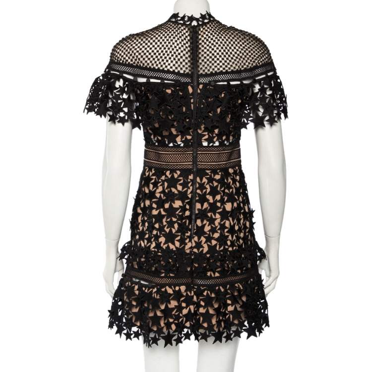 Pre Owned Self Portrait Black Guipure Lace Yoke Star Mini Dress S