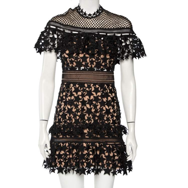 Pre Owned Self Portrait Black Guipure Lace Yoke Star Mini Dress S