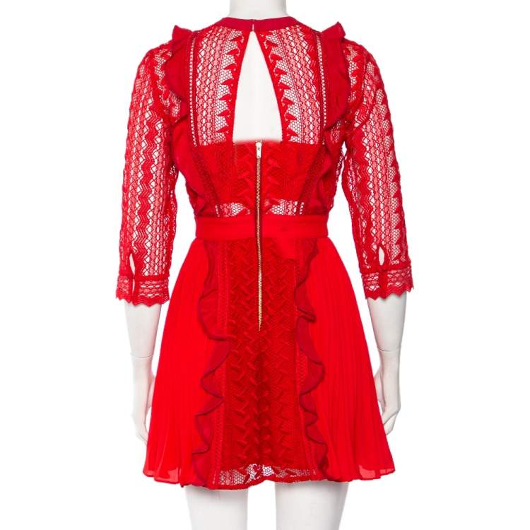 Pre Owned Self-Portrait Red Guipure Lace Ruffled Trim Belted Mini Dress S