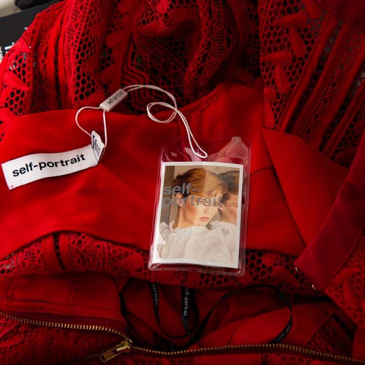 Pre Owned Self-Portrait Red Guipure Lace Ruffled Trim Belted Mini Dress S