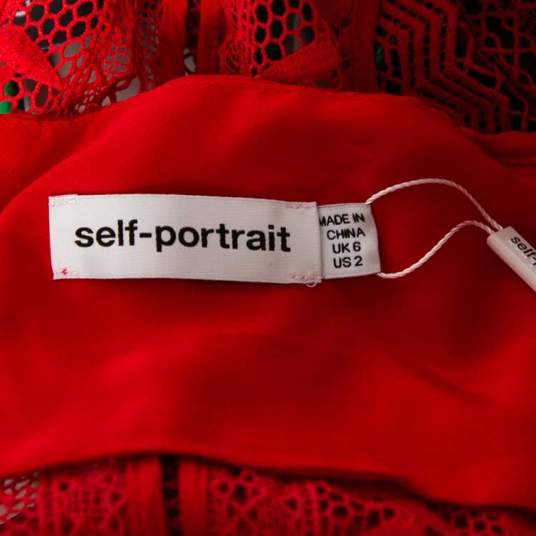 Pre Owned Self-Portrait Red Guipure Lace Ruffled Trim Belted Mini Dress S