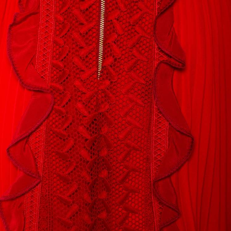Pre Owned Self-Portrait Red Guipure Lace Ruffled Trim Belted Mini Dress S