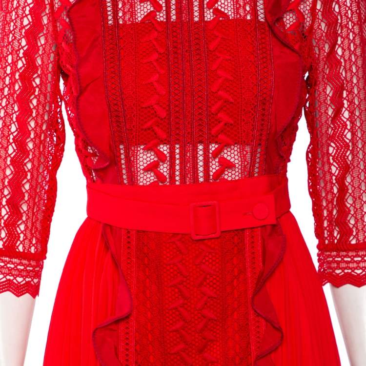 Pre Owned Self-Portrait Red Guipure Lace Ruffled Trim Belted Mini Dress S