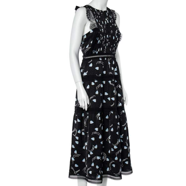 Pre Owned Self-Portrait Black Abstract Geo Print Sleeveless Midi Dress M