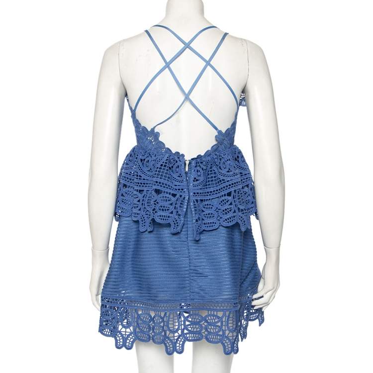مملوكة مسبقًا Self-Portrait Blue Guipure Lace Peplum Mini Dress S