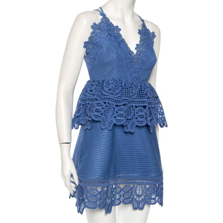 مملوكة مسبقًا Self-Portrait Blue Guipure Lace Peplum Mini Dress S