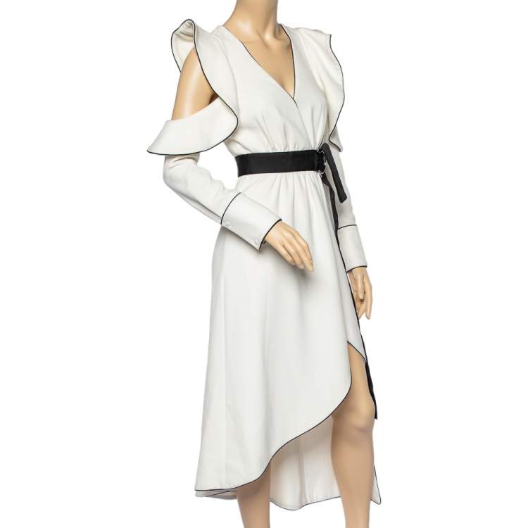 Pre Owned Self-Portrait White Viscose Blend Ruffled Asymmetric Dress S