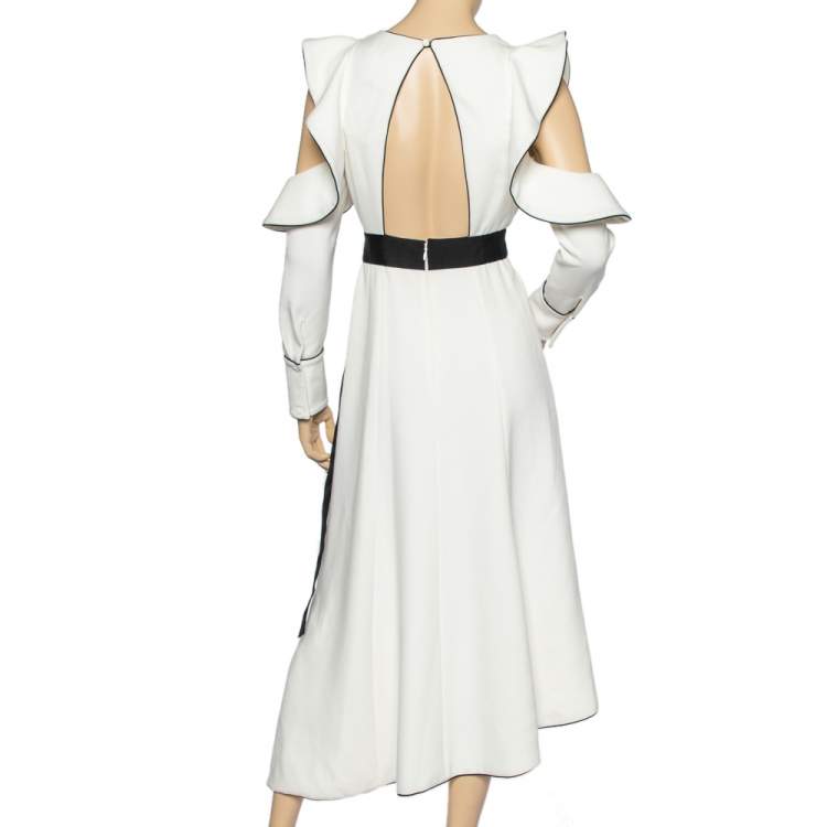 Pre Owned Self-Portrait White Viscose Blend Ruffled Asymmetric Dress S