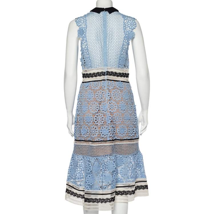 Pre Owned Self-Portrait Blue Guipure Lace Paneled Dress M