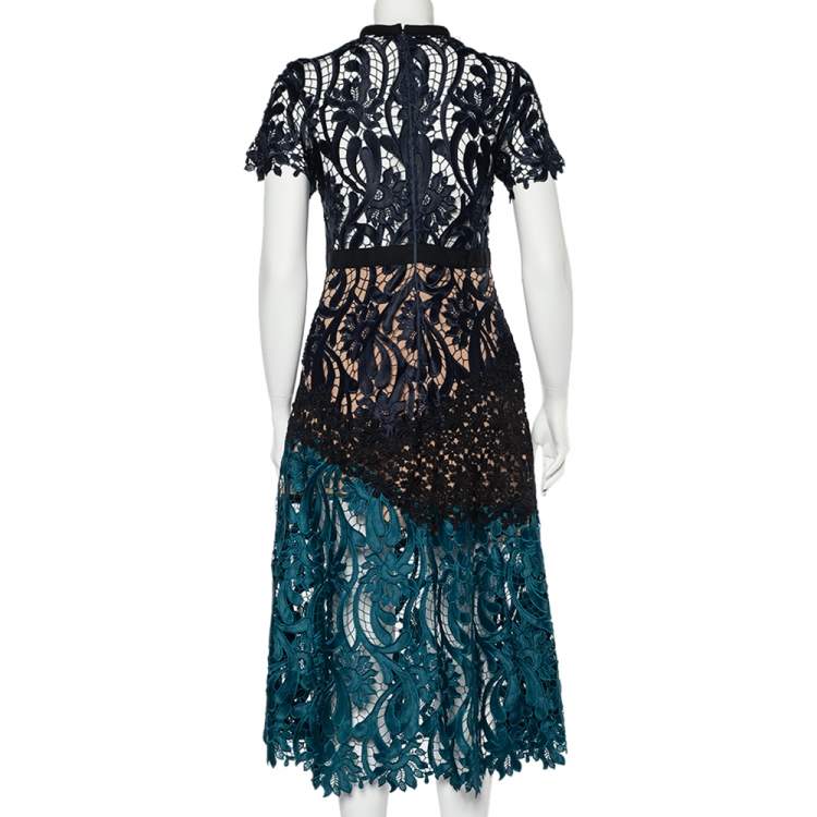 Pre Owned Self-Portrait Navy Blue & Teal Green Cutwork Lace Prairie Midi Dress M