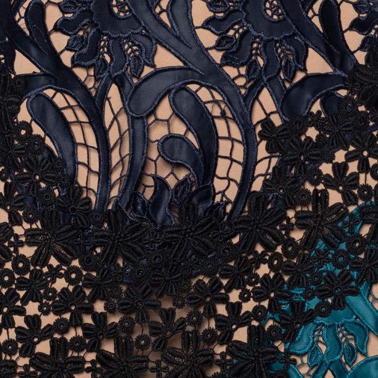 Pre Owned Self-Portrait Navy Blue & Teal Green Cutwork Lace Prairie Midi Dress M