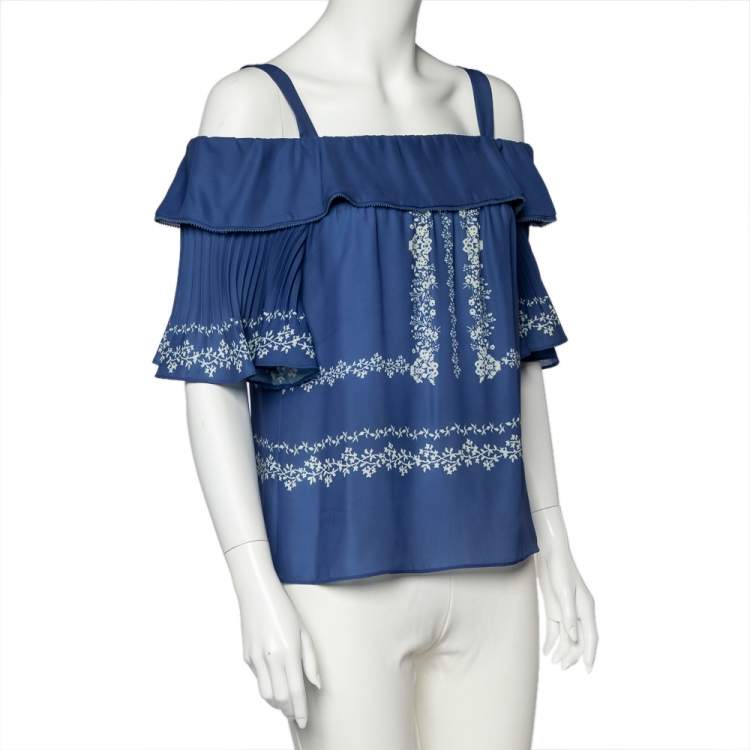 Pre Owned Self-Portrait Blue Printed Crepe Smocked Detail Cold Shoulder Top M
