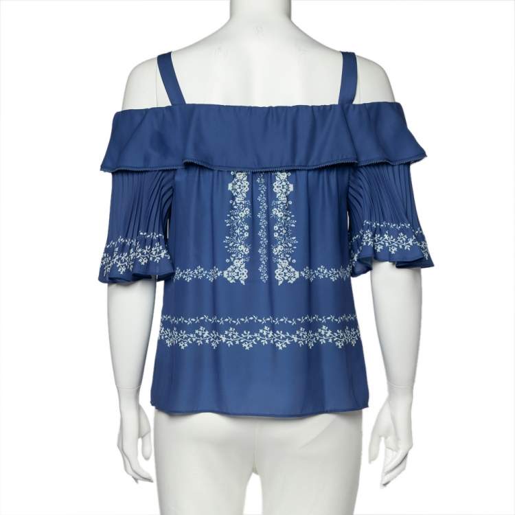 Pre Owned Self-Portrait Blue Printed Crepe Smocked Detail Cold Shoulder Top M