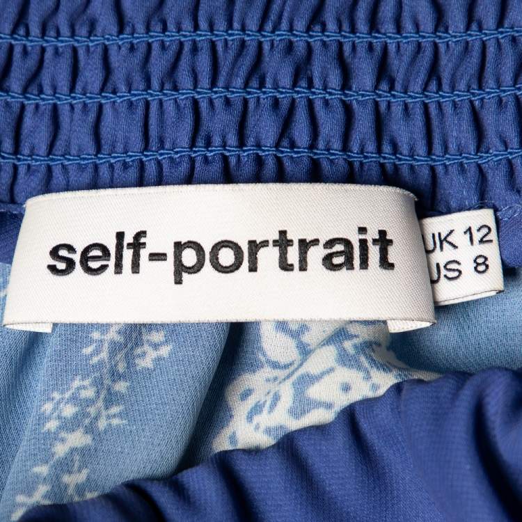 Pre Owned Self-Portrait Blue Printed Crepe Smocked Detail Cold Shoulder Top M