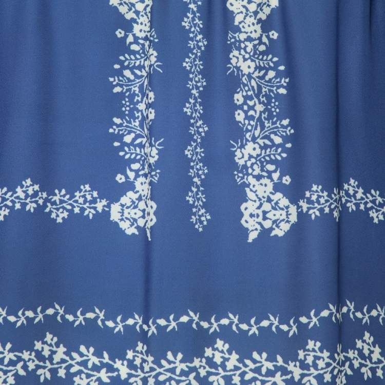Pre Owned Self-Portrait Blue Printed Crepe Smocked Detail Cold Shoulder Top M