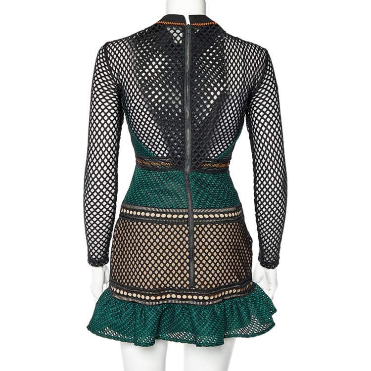 Pre Owned Self-Portrait Dark Green Mesh & Tulle Paneled Mini Dress XS