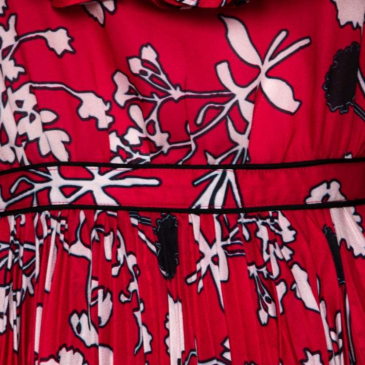 مملوكة مسبقًا Self-Portrait Magenta Floral Printed Crepe Pleated Off-Shoulder Mini Dress S