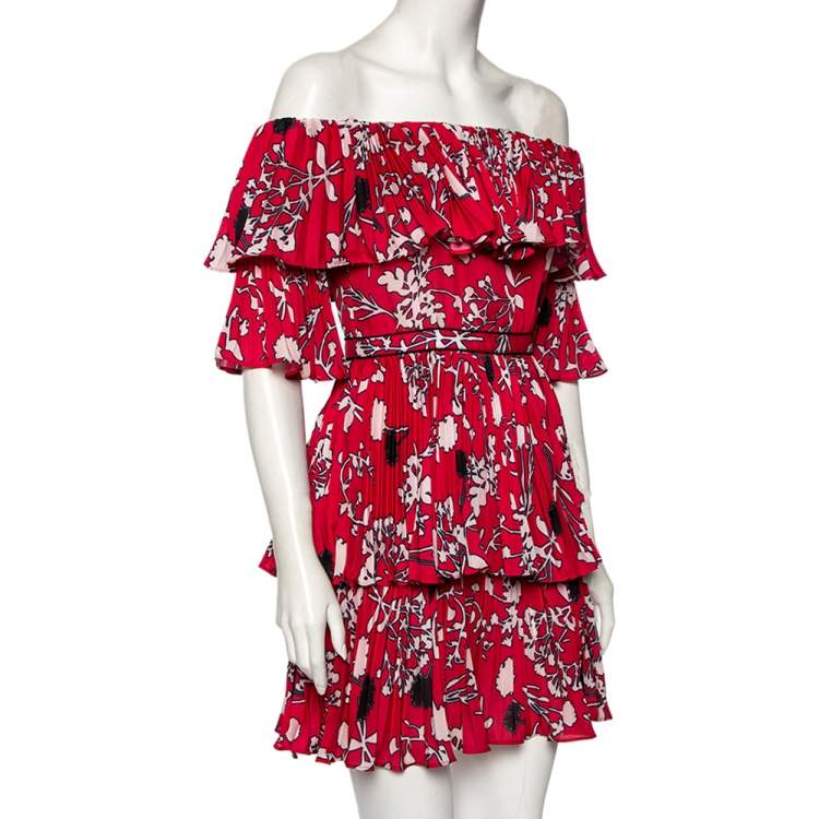 مملوكة مسبقًا Self-Portrait Magenta Floral Printed Crepe Pleated Off-Shoulder Mini Dress S