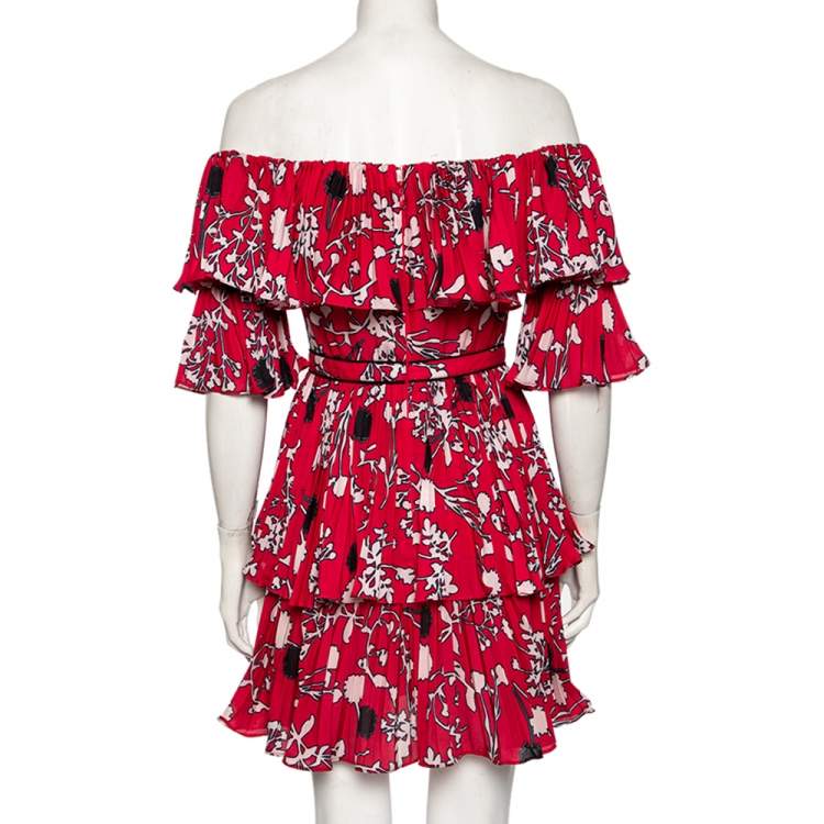 مملوكة مسبقًا Self-Portrait Magenta Floral Printed Crepe Pleated Off-Shoulder Mini Dress S